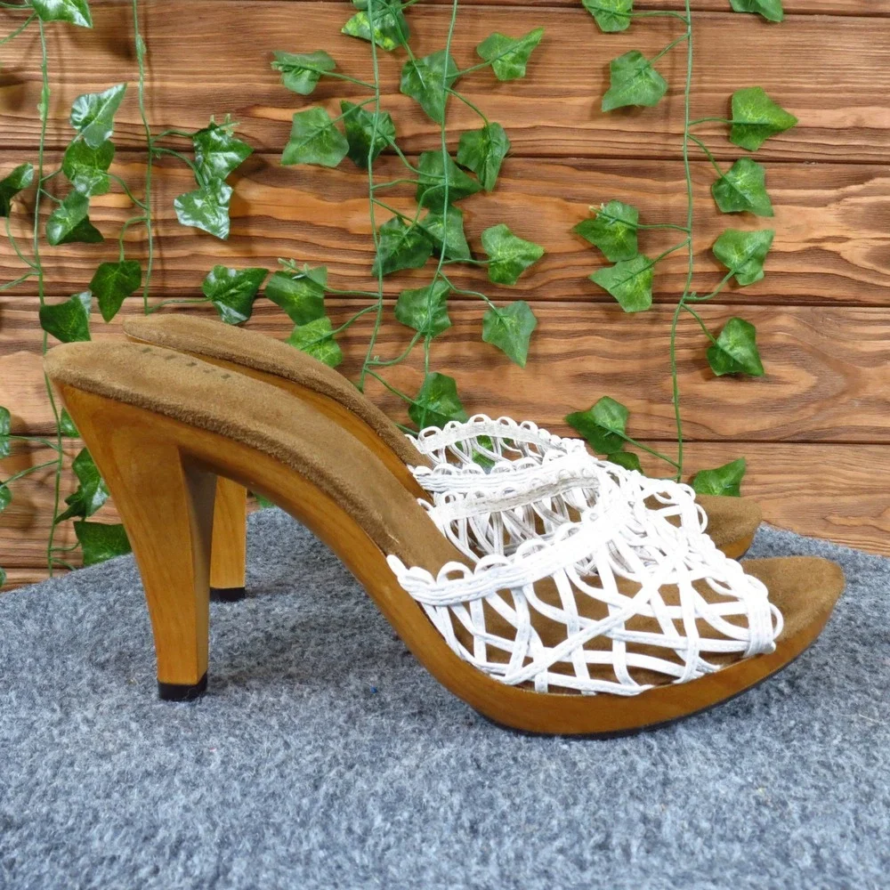 a.n.a. 023-5462 Women Woven Slide Sandals Size 10M Dressy White Faux Wood Heel